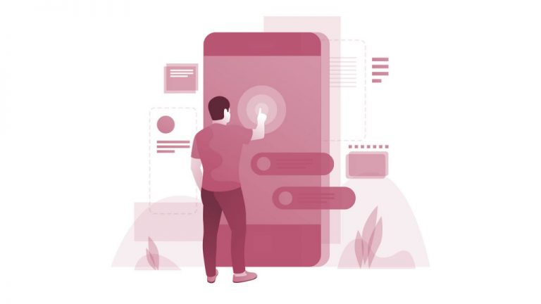 illustration of a man standing in front of a lifesized mobile phone interacting with it.