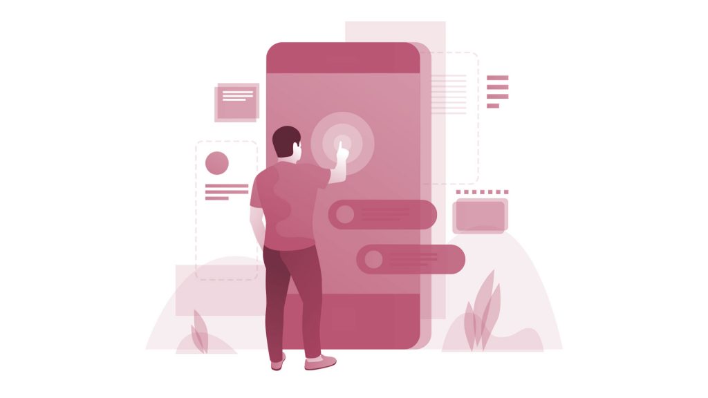 illustration of a man standing in front of a lifesized mobile phone interacting with it.